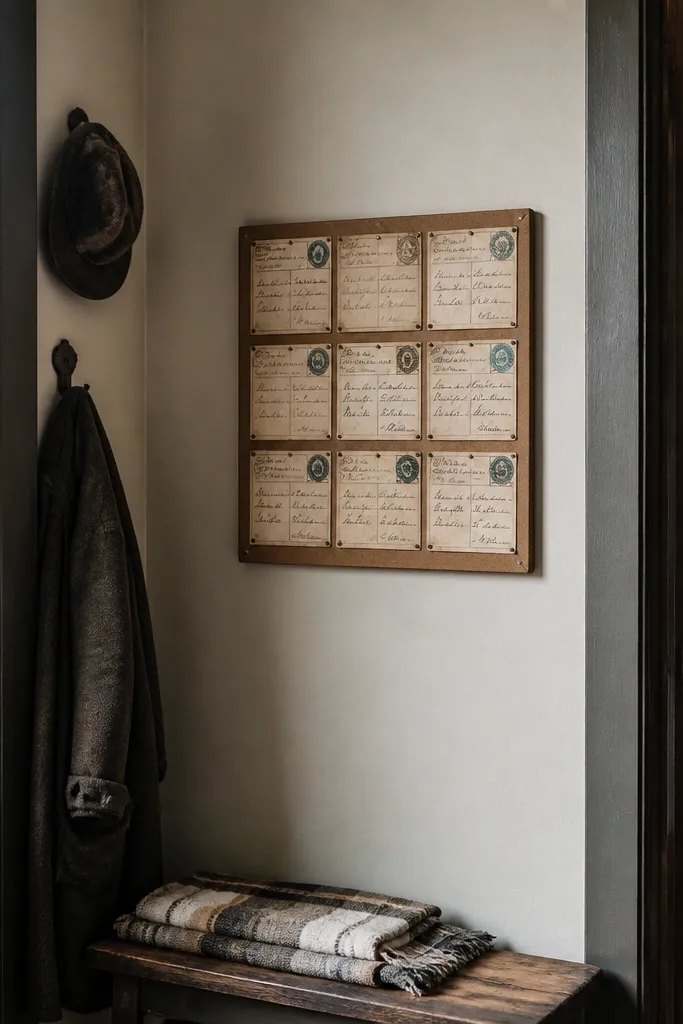 Muted postal-style labels arranged in a small wall grid