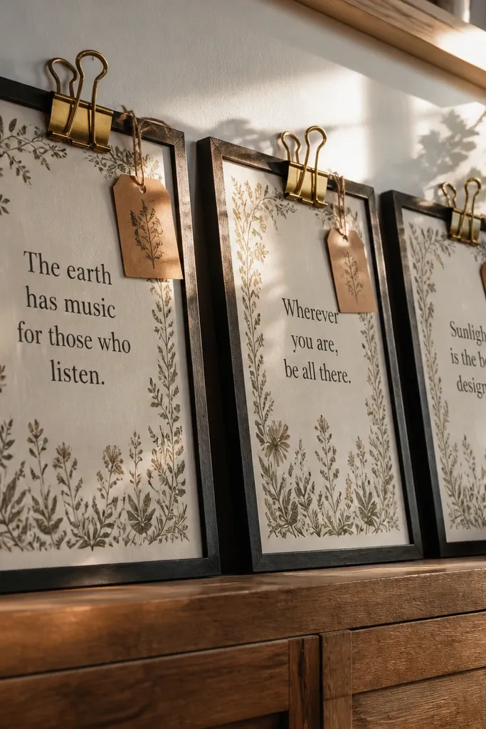 Botanical border quote prints clipped to a small wire display