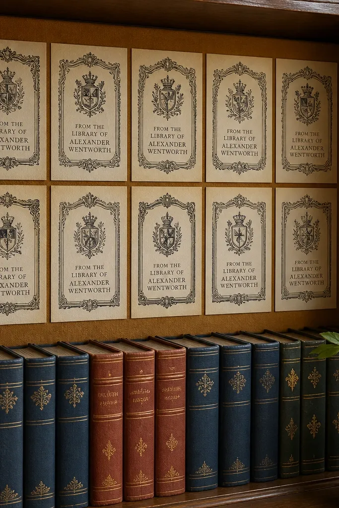 Bookplate-style vintage labels on a shelf backer board