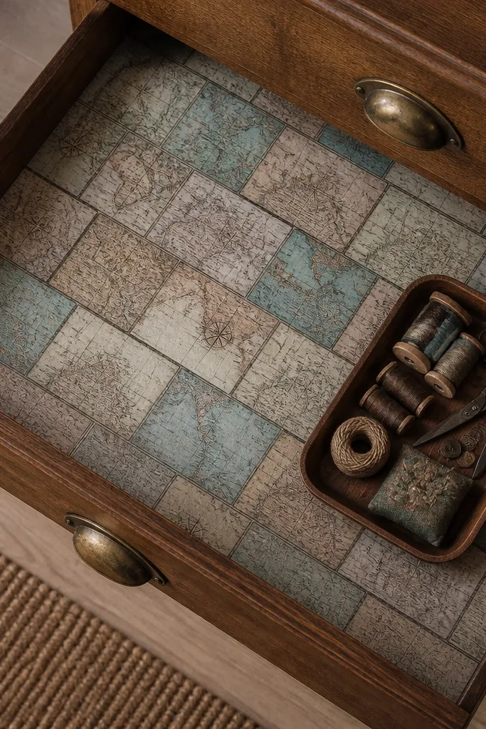 Small map prints lining the inside of a drawer