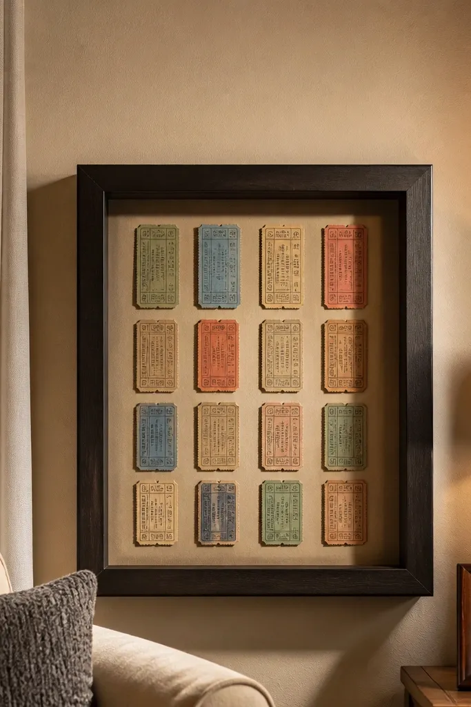 Vintage ticket stubs tucked into a small shadow box