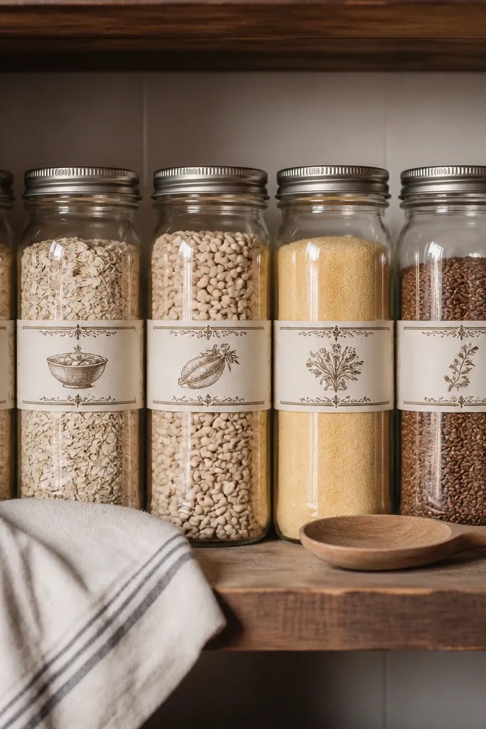 Antique label strips on mason jars with matching caps