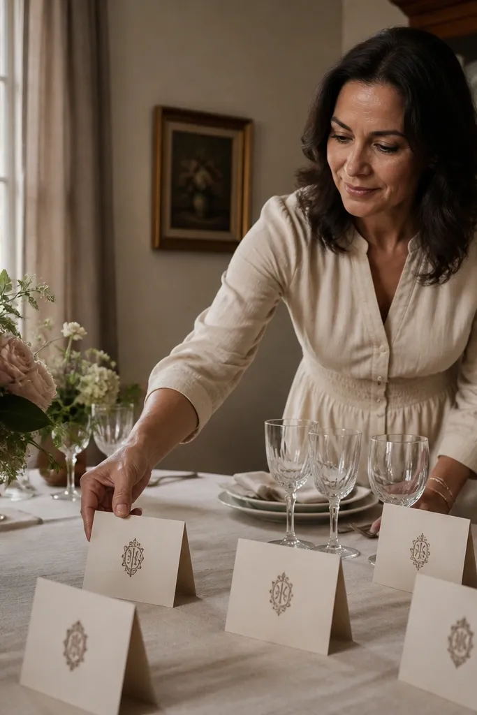 Monogram place cards in a small holder on a dining table