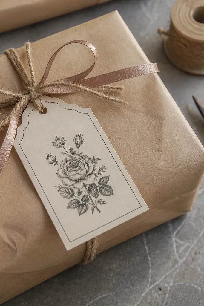 Vintage label tags tied to brown kraft paper gifts