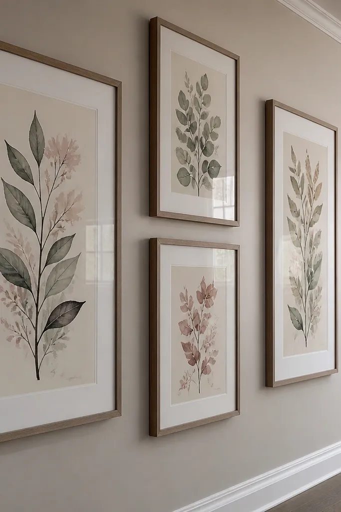 Muted botanical prints in matching frames on a wall
