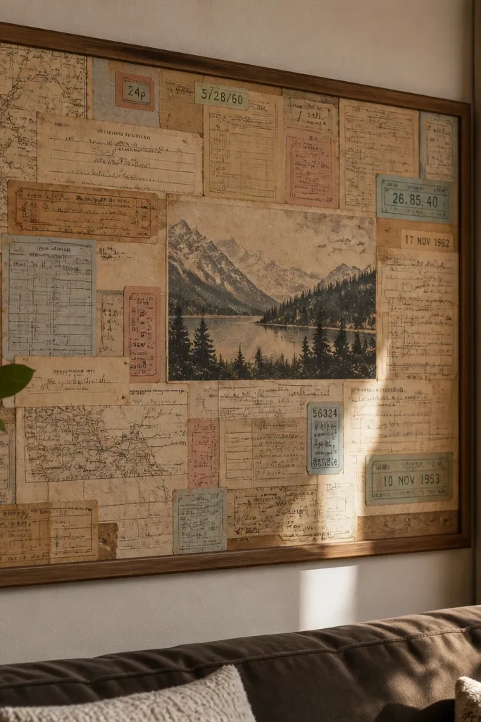 Collage of ticket stubs and map sections on a board