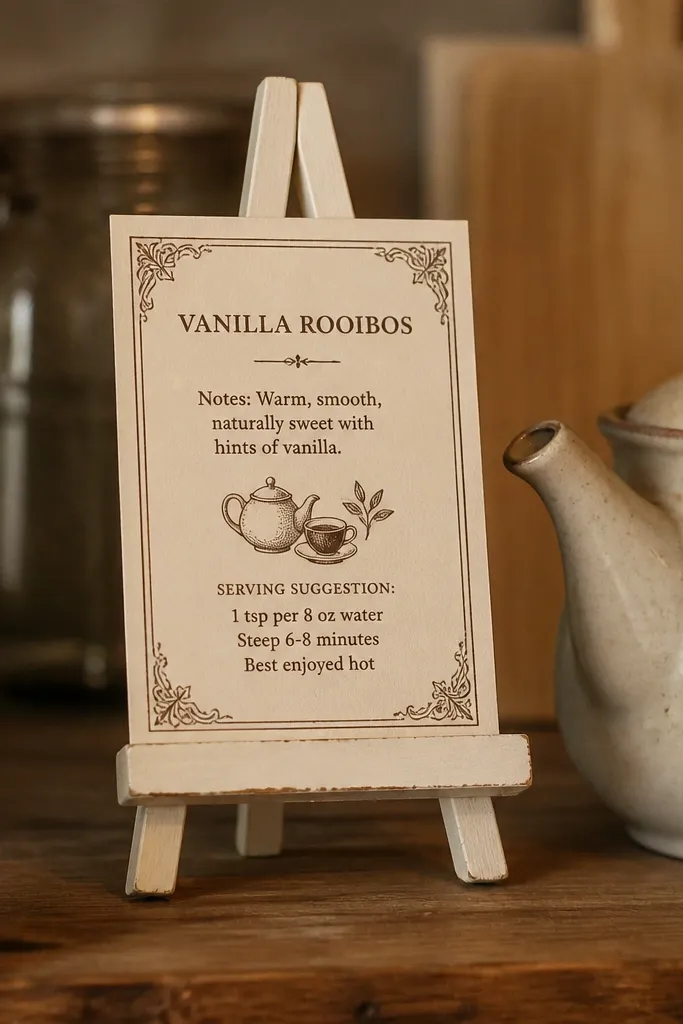 Antique tea card printed on cream paper standing on a small easel