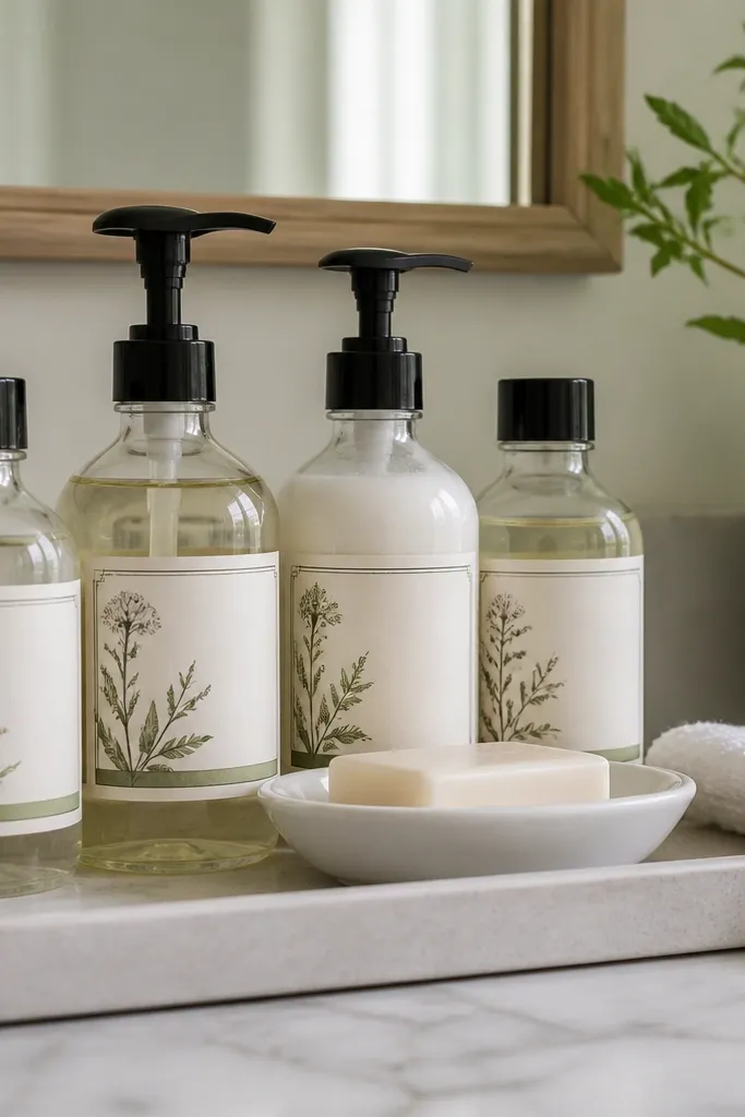 Apothecary-style labels on small bottles arranged on a vanity tray