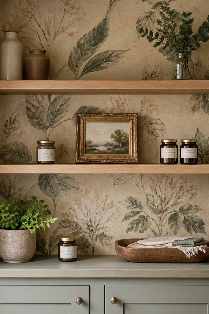 Muted botanical pattern print taped as an accent behind a shelf