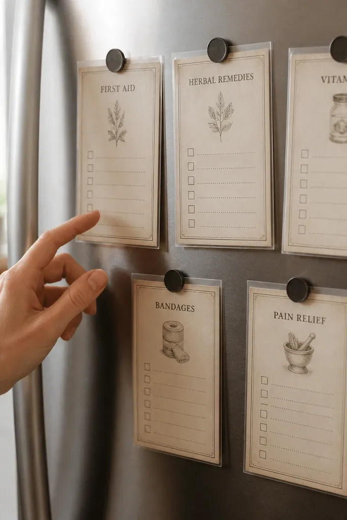 Sepia checklist cards with faux pharmacy text and magnets on a fridge