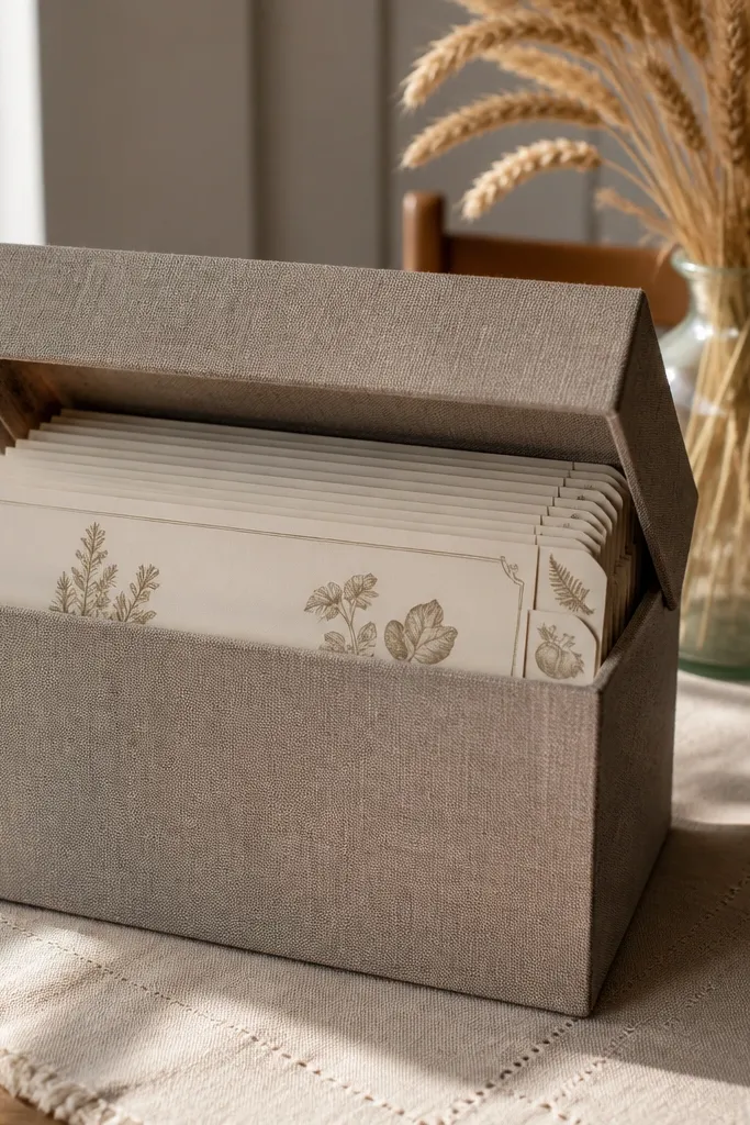 Vintage recipe cards inside a linen-texture box with small sliding tabs