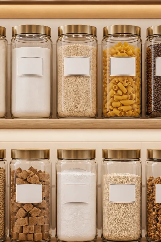 Clear glass jars with matching satin lids on white shelves
