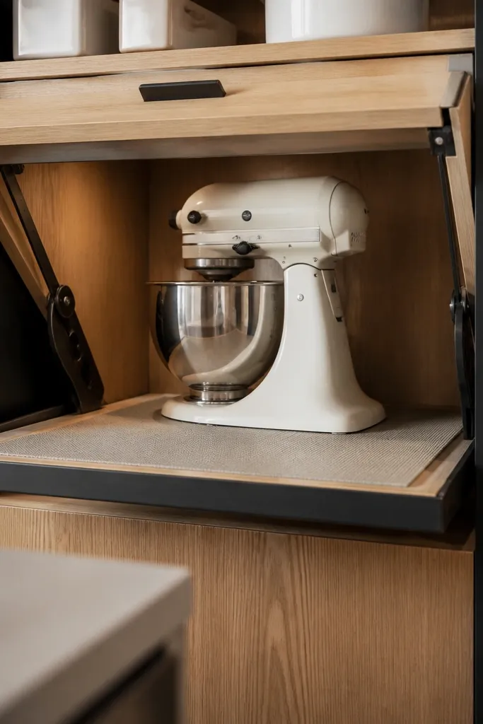 Countertop appliances tucked behind a door with a clean shelf face