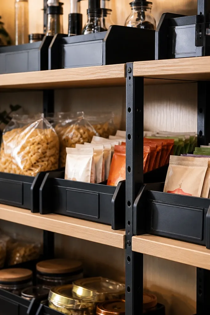Matte black shelf rails with evenly spaced dividers on pantry shelves