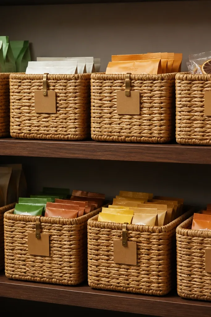 Light woven baskets on a pantry shelf with small matching label tags