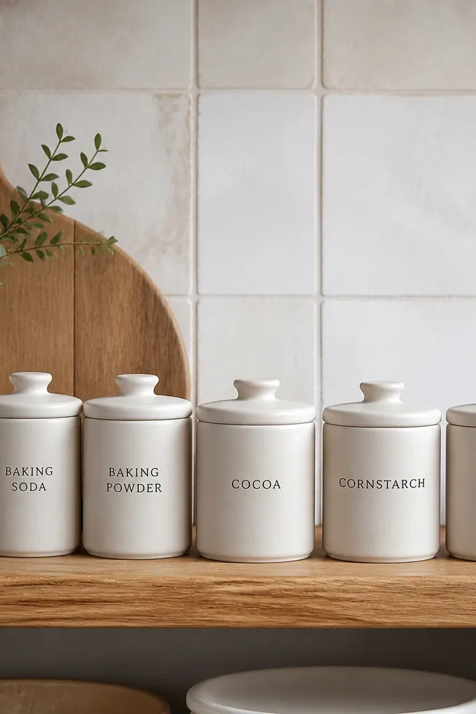 Matte ceramic canisters with lids on a wooden pantry shelf