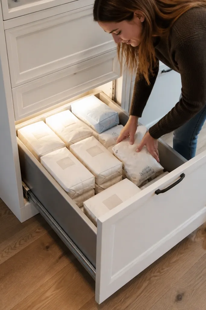 A deep pantry drawer with fitted liner and neatly stacked bulk items