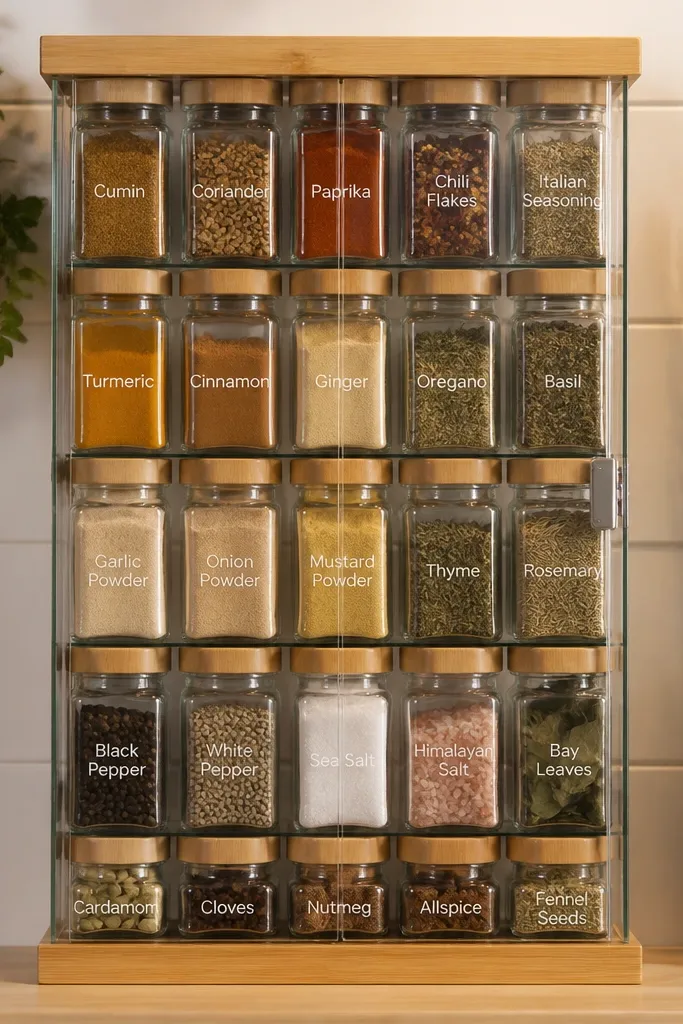 Spice jars in a vertical tower behind a clear panel with aligned labels