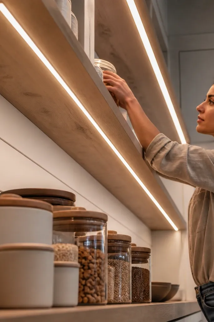 Warm light under shelves making jars and labels glow neatly