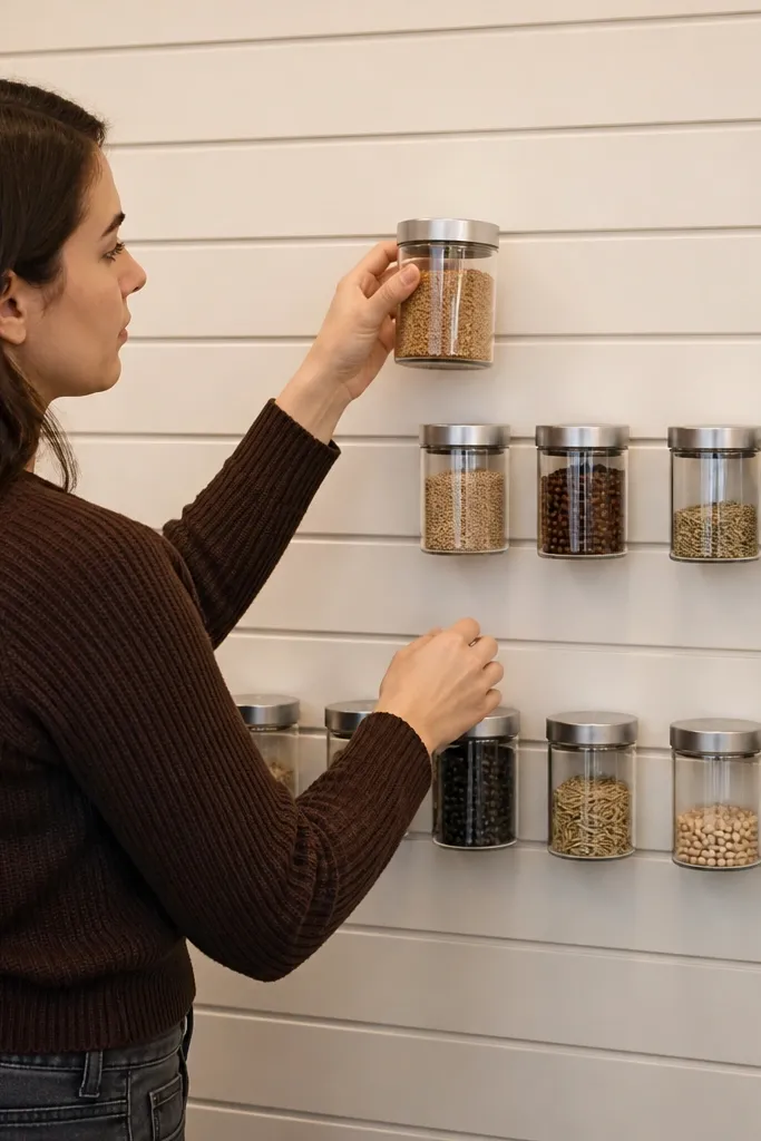 White slat wall behind pantry shelves with labels aligned on jars