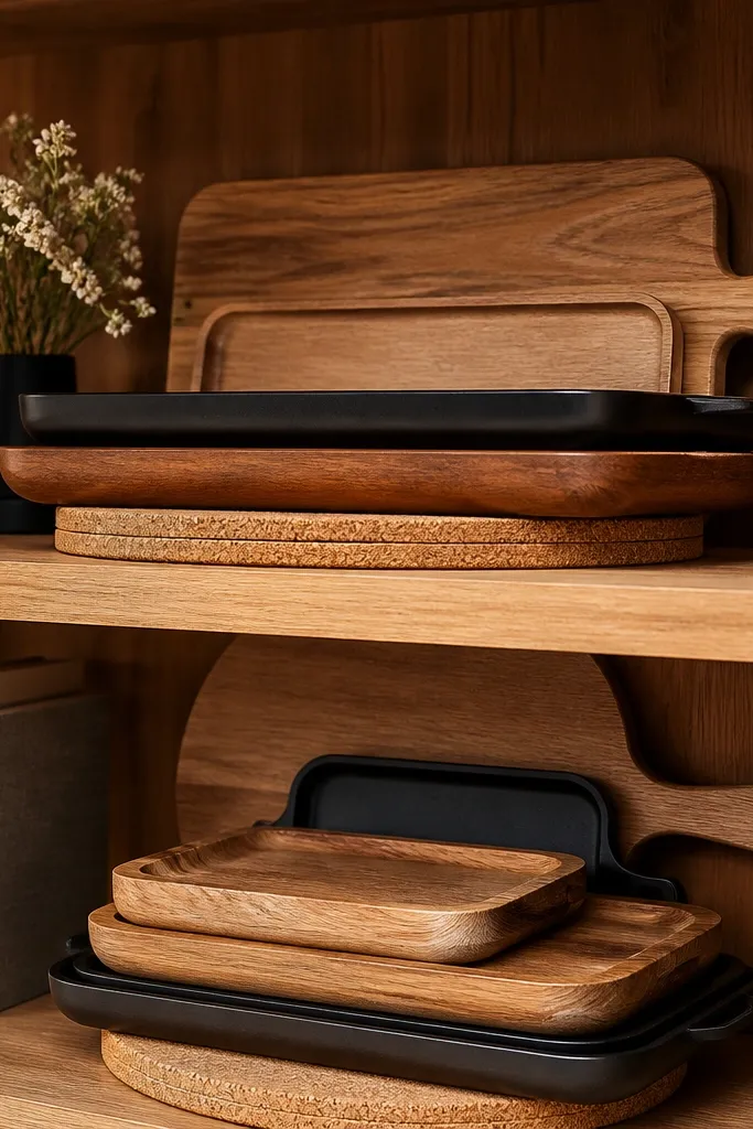 Tiered shelf holding serving trays with cork coasters underneath