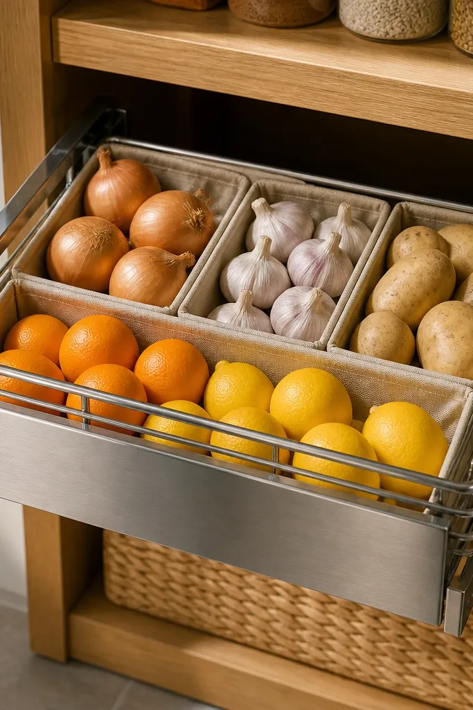 Pull-out stainless basket with dry goods and a clean front edge