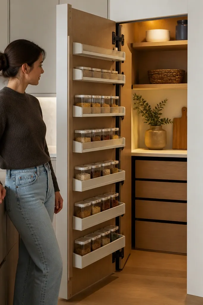 Swing-out shelves inside pantry door with neatly arranged bins