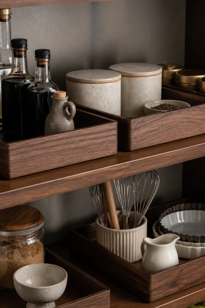 Small wooden trays on shelves holding jars and oils in neat rows