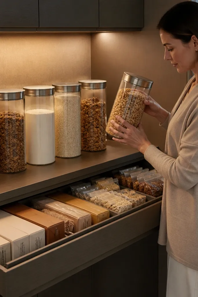 Airtight canisters on shelf with a drawer below holding unopened refills