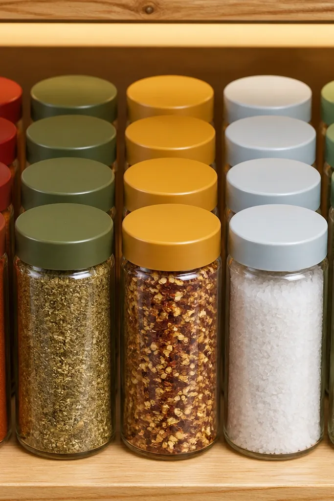 Seasoning jars with matching lid colors stored in labeled rows