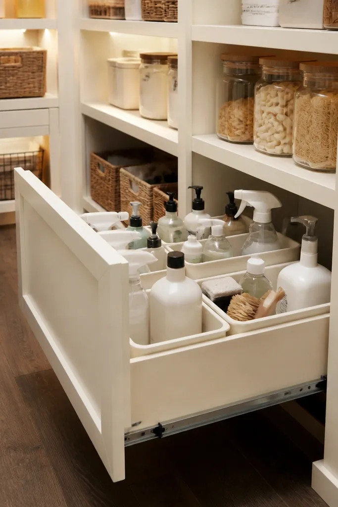 Pull-out cabinet drawer for cleaning supplies with a matching door panel