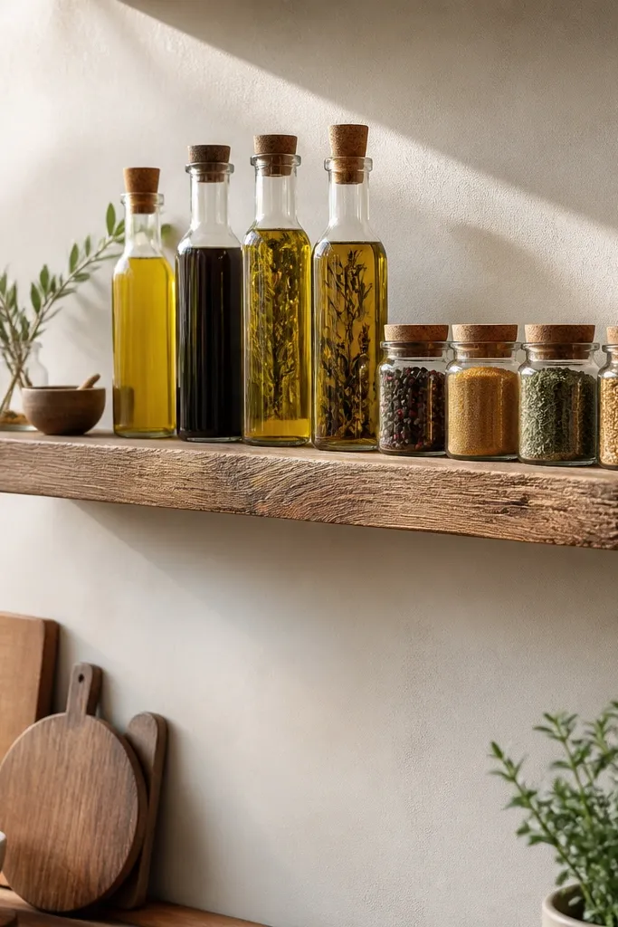 Floating shelf with hidden brackets holding glass oil bottles and small jars