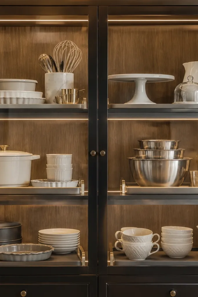 Cabinet with glass door showing neatly arranged baking tools inside