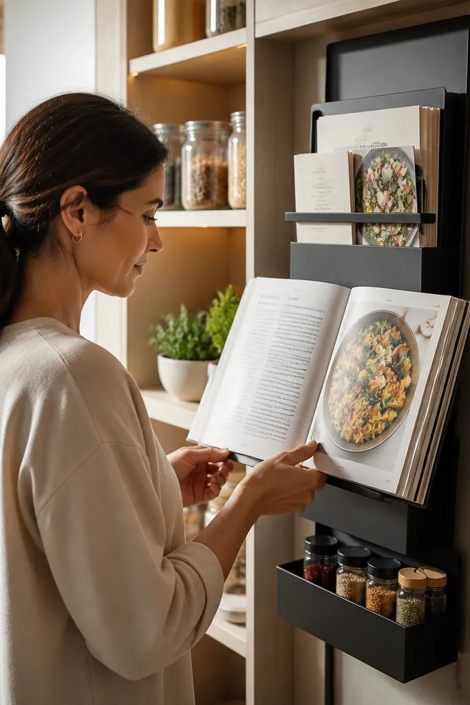 Vertical cookbook stand on a pantry shelf with slim organizers beside it