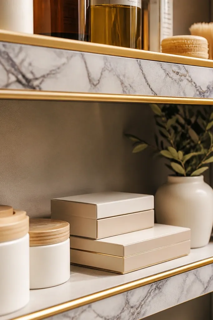 White marble-look shelf ledges with thin gold trim along the front edge