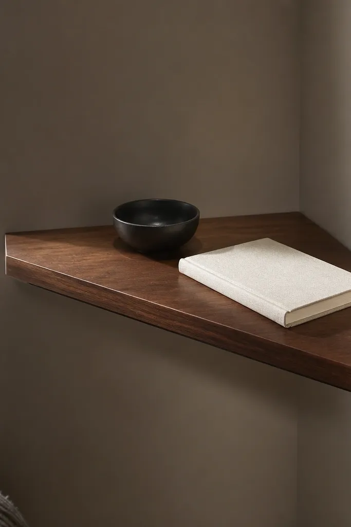 Dark walnut corner shelves with a thin floating gap and three stepped panels