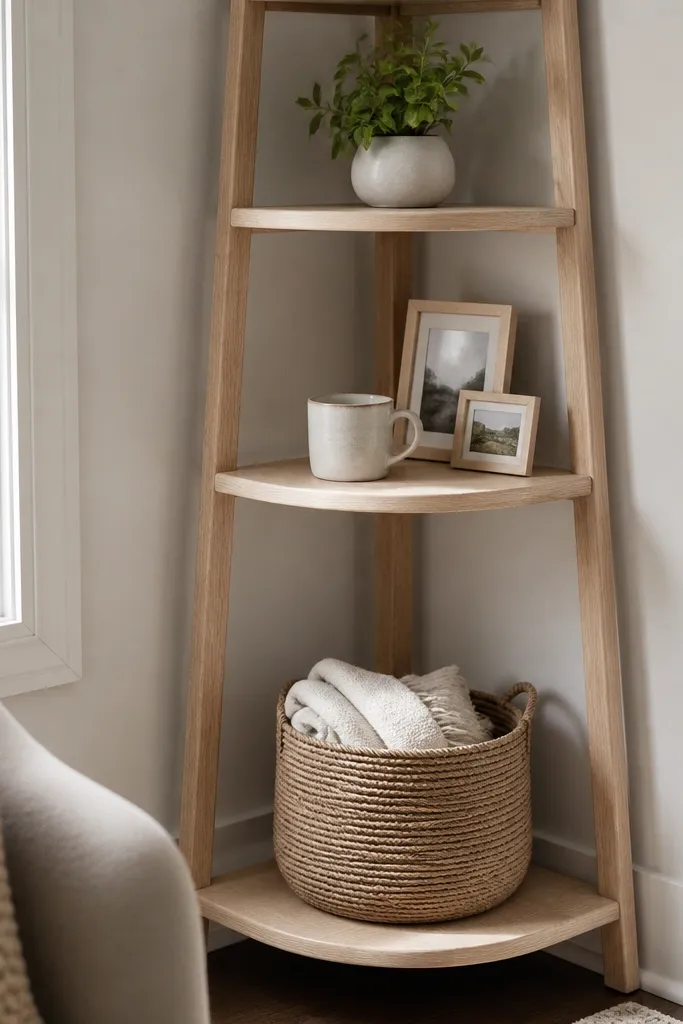 Light white oak corner ladder shelves with rounded edges and open steps