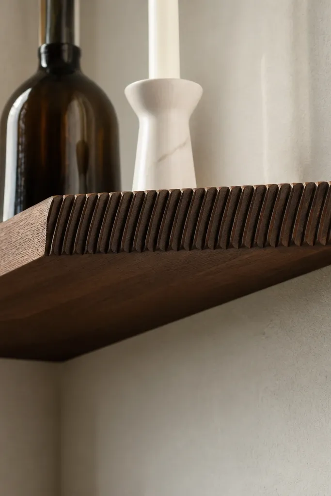 Dark espresso corner shelf with subtle V-grooved face and hidden mounting