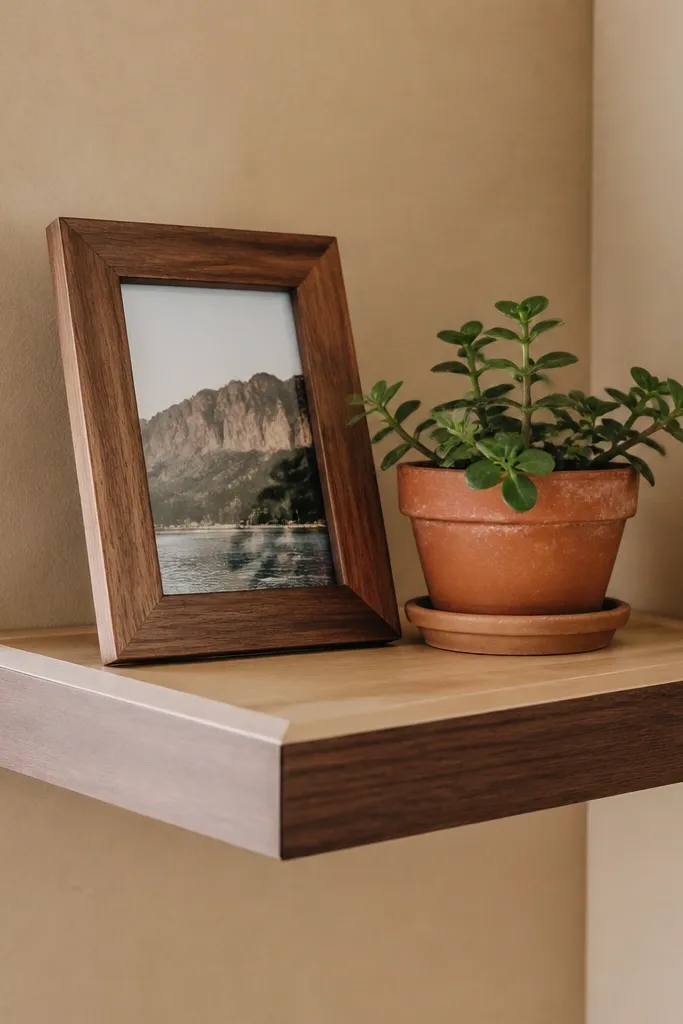 Maple and walnut corner shelf with a thin lip that frames small decor
