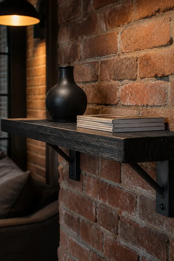 Dark charred oak corner shelf with visible metal brackets and warm grain