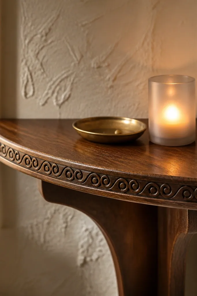 Walnut corner shelf with a carved decorative edge and a clean floating mount
