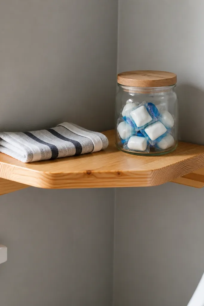 Natural pine corner shelf with warm grain and matte clear hardwax finish