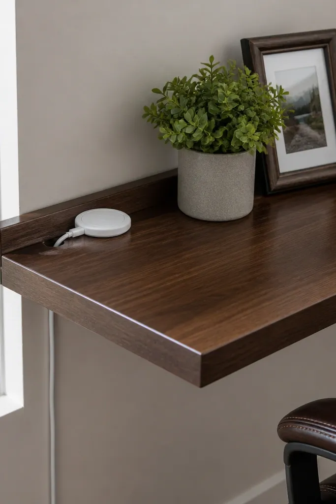 Walnut corner shelf with a hidden cable groove along the back edge