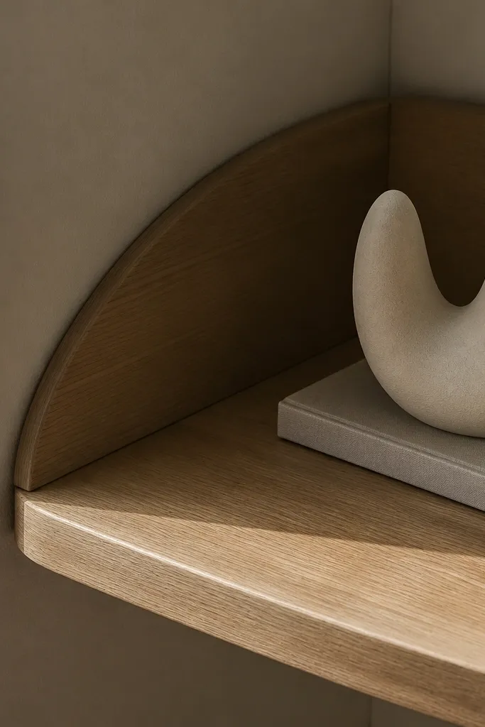 Light ash corner shelf with a smooth curved reveal at the corner joint