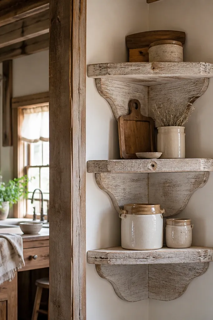 Reclaimed barnwood corner shelf with white limewash and visible weathered texture