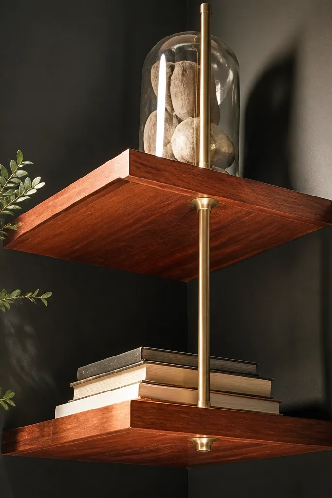 Sapele corner shelf supported by slim brass rods with a warm satin finish