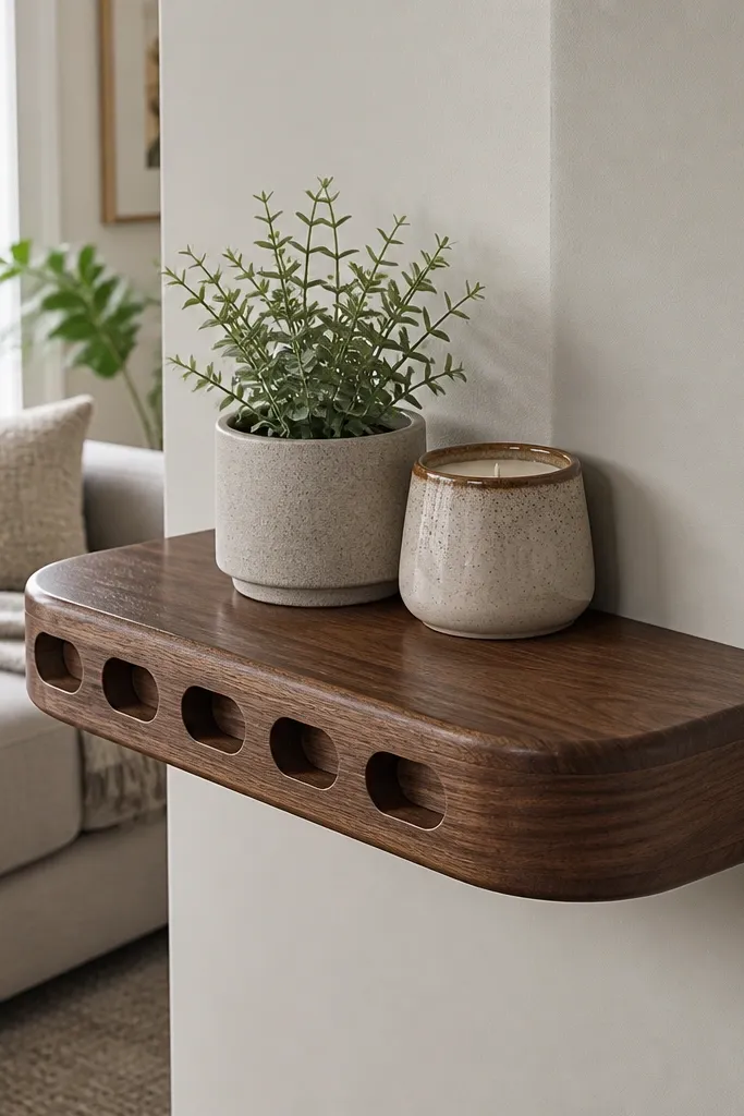 Modern walnut corner shelf with rounded cutout handles on the sides