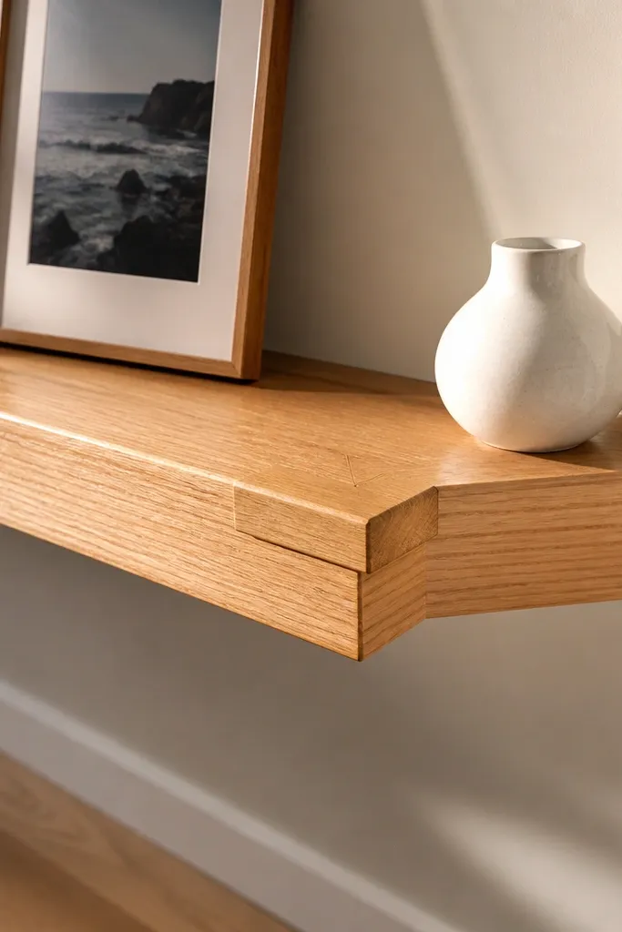 Light oak corner shelf with a small floating block at the corner seam