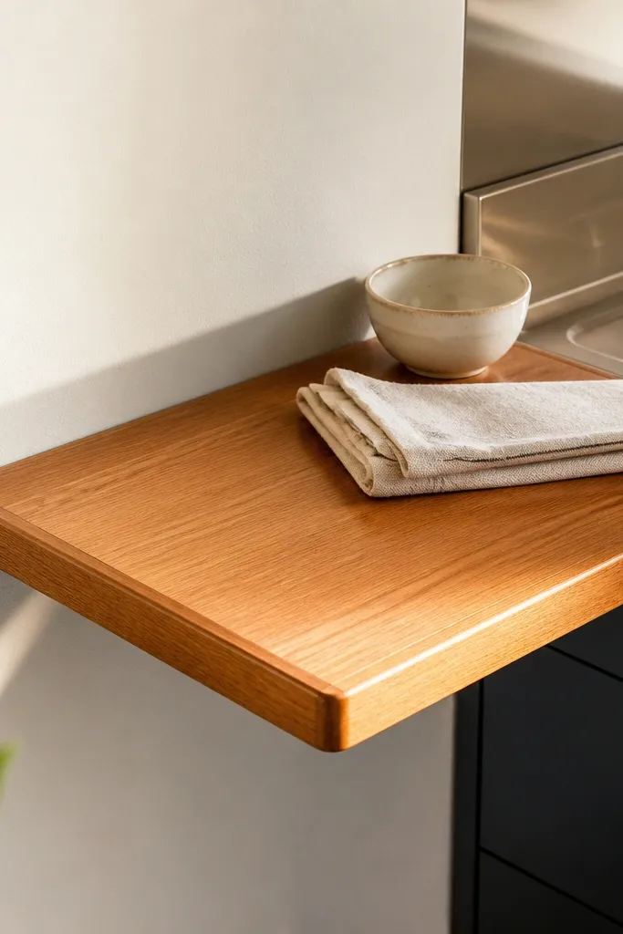 Teak-style corner shelf with a laminated edge band and warm honey finish