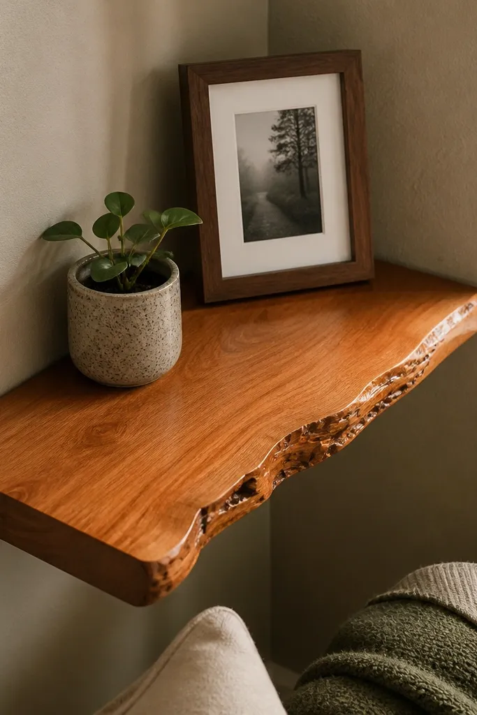 Cherry corner shelf with a live-edge accent piece at the corner joint